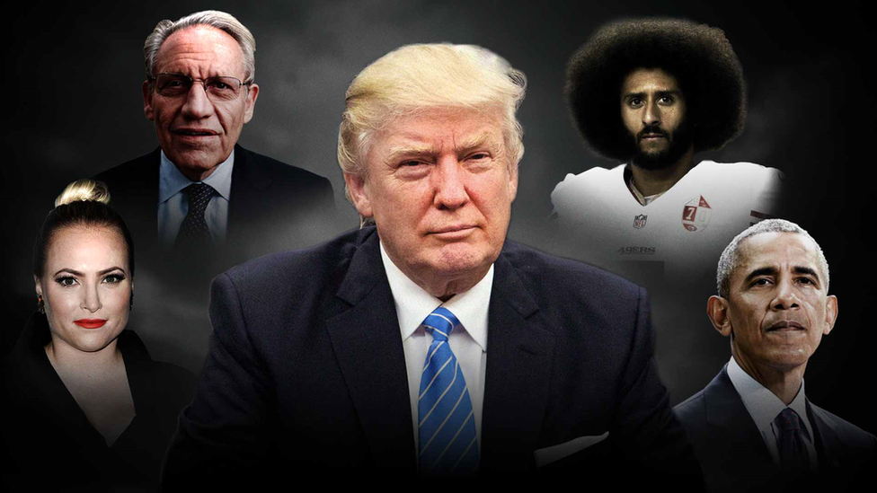 Illustration of Donald Trump with Meghan McCain, Bob Woodward, Colin Kaepernick and Barack Obama