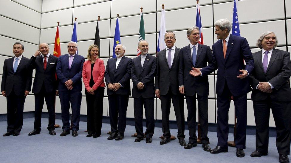 (From L to R) Chinese Foreign Minister Wang Yi, French Foreign Minister Laurent Fabius, German Foreign Minister Frank Walter Steinmeier, European Union High Representative for Foreign Affairs and Security Policy Federica Mogherini, Iranian Foreign Minister Mohammad Javad Zarif, Head of the Iranian Atomic Energy Organization Ali Akbar Salehi, Russian Foreign Minister Sergei Lavrov, UK Foreign Secretary Philip Hammond, US Secretary of State John Kerry and US Secretary of Energy Ernest Moniz pose for a group picture at the United Nations building in Vienna, Austria on 14 July 2015