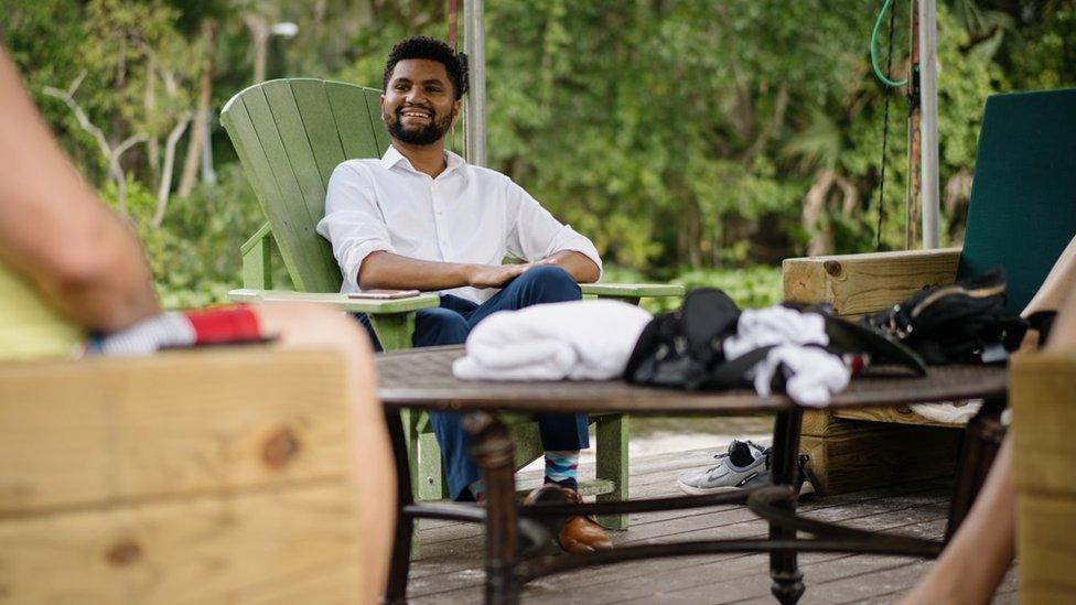 Maxwell Frost meets with community leaders and organisers from Central Florida at Wekiva Island in Longwood, Florida. 30 August 2022