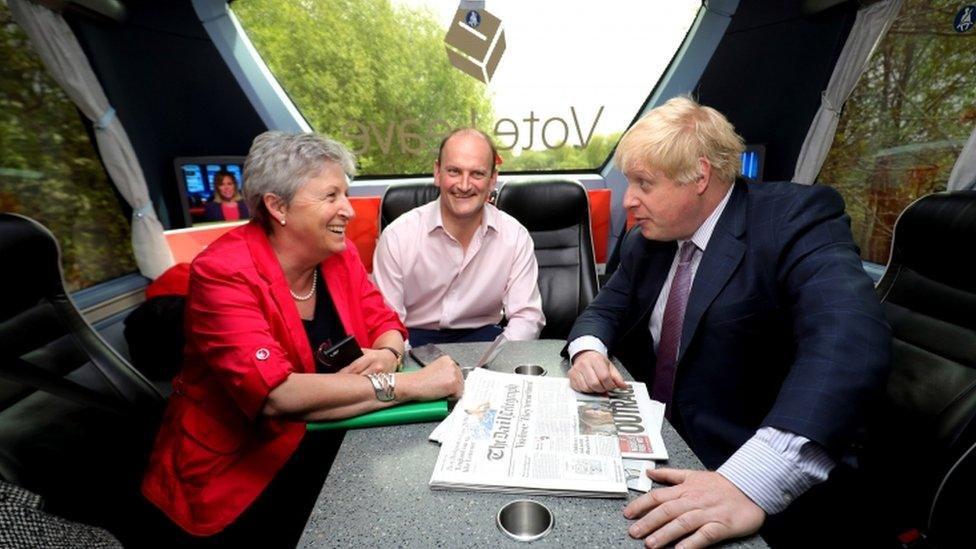 (L-R) Vote Leave campaigners Gisela Stuart, Douglas Carswell and Boris Johnson