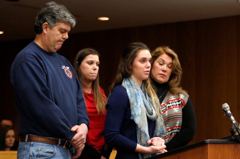 Madison Rae Margraves gives her victim impact statement as her parents and sister Lauren listen during the sentencing hearing for Larry Nassar