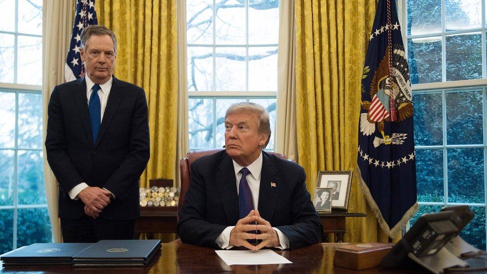 President Donald Trump with United States Trade Representative Robert Lighthizer in the Oval Office of the White House in Washington, DC, on January 23, 2018.