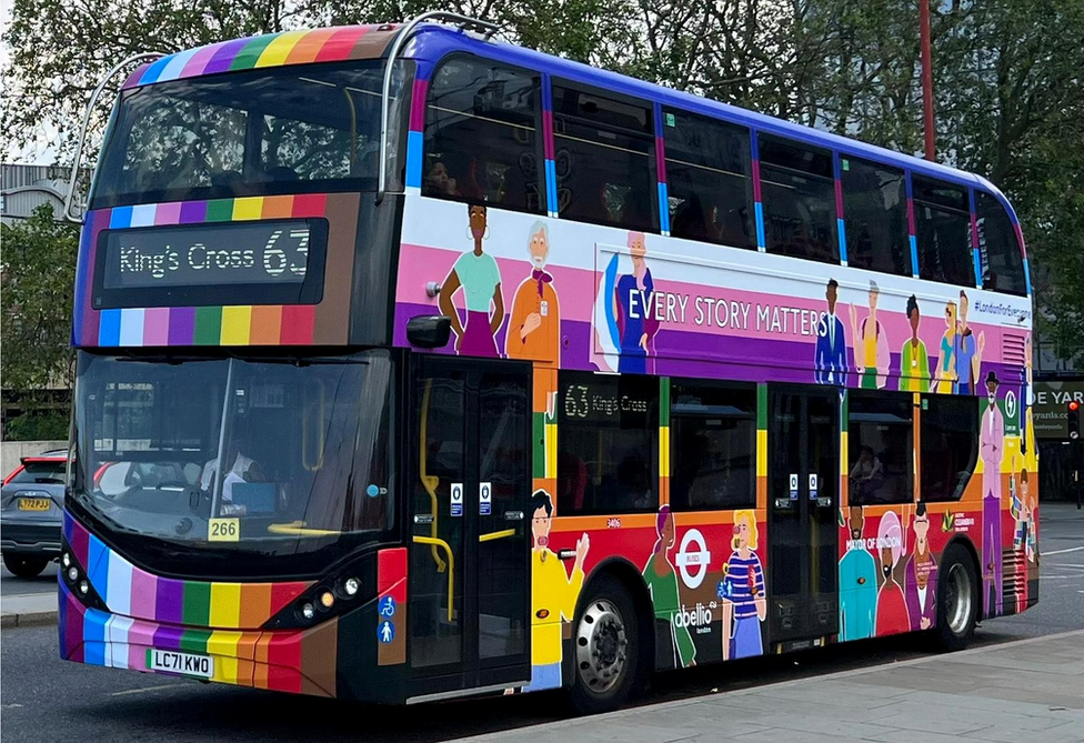 Rainbow-coloured 63 bus