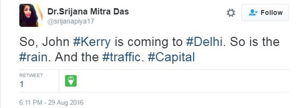 So, John #Kerry is coming to #Delhi. So is the #rain. And the #traffic. #Capital