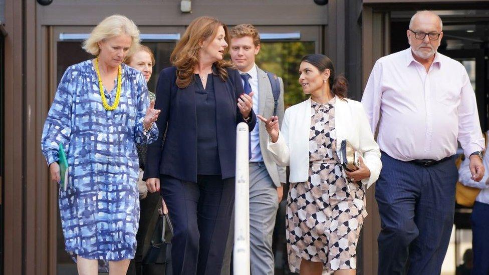 Conservative MP for Chelmsford Vicky Ford, Education Secretary Gillian Keegan and Conservative MP for Witham and former Home Secretary Priti Patel, leaving Essex County Hall in Chelmsford.