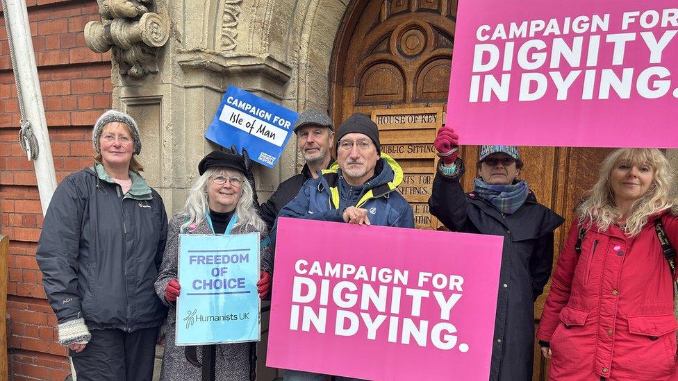 Dignity in Dying campaigners outside the Tynwald buildings