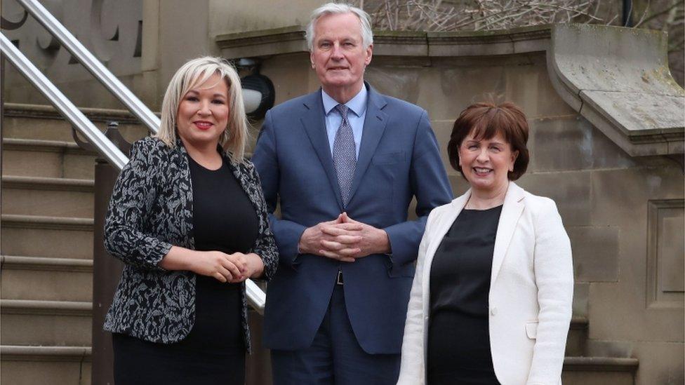 Michelle O'Neill, Michel Barnier and Diane Dodds