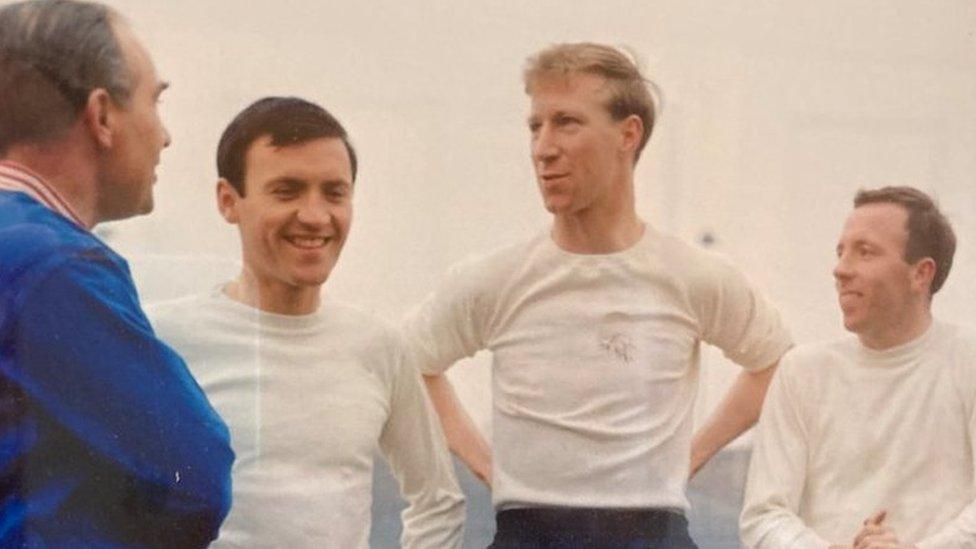 Picture of Barry Bridges (second left) with Sir Alf Ramsey, Jack Charlton and Nobby Stiles during an England training session.