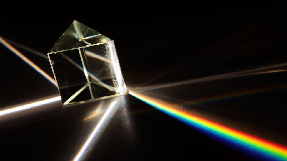 A prism with white light shining through and a rainbow.