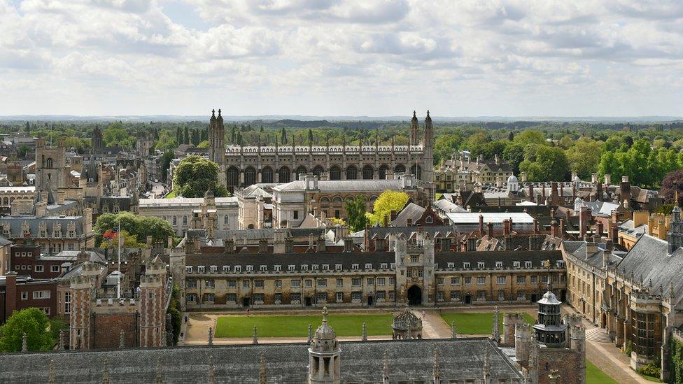 General view of Cambridge University including the Grand Courtyard of St John's College, Trinity College, Senate House and the Old Schools, Gonville & Caius College and Kings College Chapel