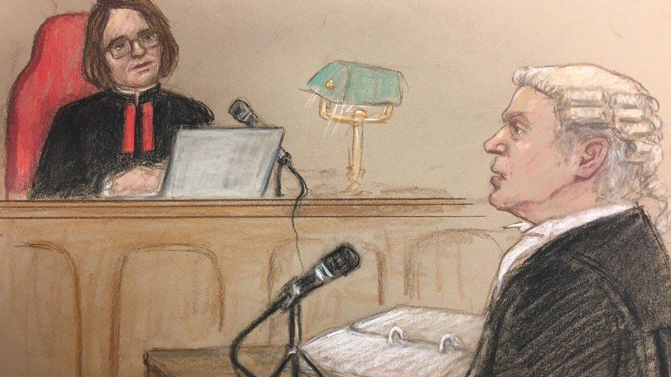 Court drawing shows Justice Steyn and Mrs Vardy's barrister Hugh Tomlinson