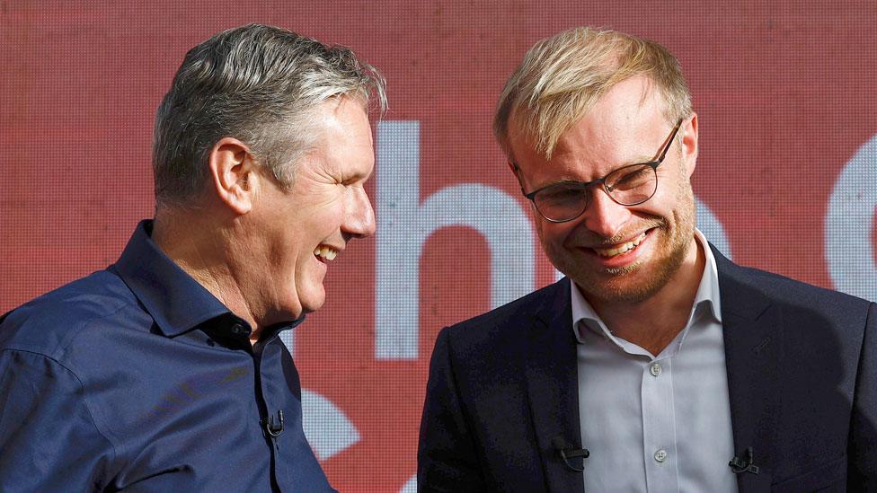 Labour Party leader Keir Starmer joined MP-elect Michael Shanks to celebrate Mr Shanks' victory in the Rutherglen and Hamilton West by-election on 6 October 2023 in Rutherglen, Scotland