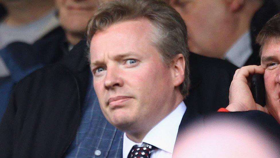 Craig Whyte new owner of Rangers arrives in the stand during the Clydesdale Bank Premier League match between Rangers and Hearts at Ibrox Stadium on May 7, 2011