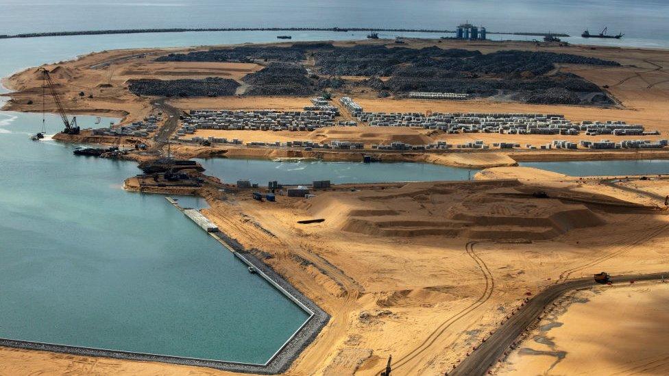 Built on land reclaimed from the Indian Ocean and funded with $1.4billion in Chinese investment, the Colombo Port City project is seen jutting out into the ocean on November 8, 2018 in Colombo, Sri Lanka