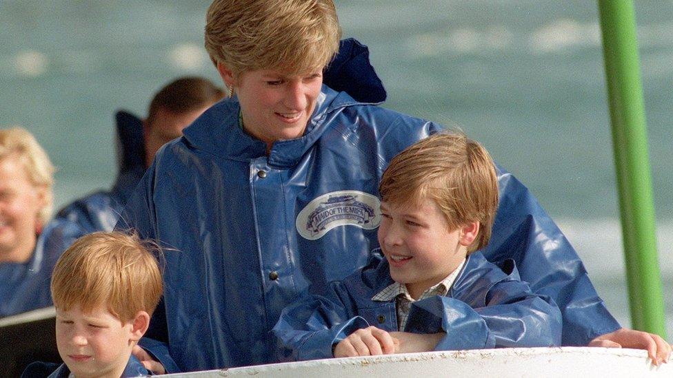 The Princess of Wales with her sons Prince Harry and Prince William in 1991