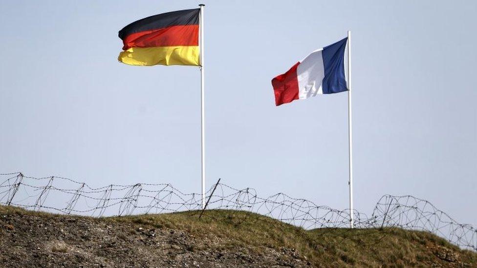 German and French flags fly on top of Fort Douaumont, near Verdun (March 2014)