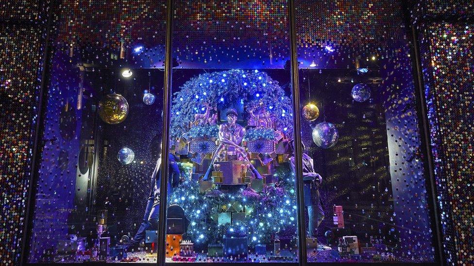 A view of the new display at the Harvey Nichols Christmas window unveiling on 3 November 2015 in London