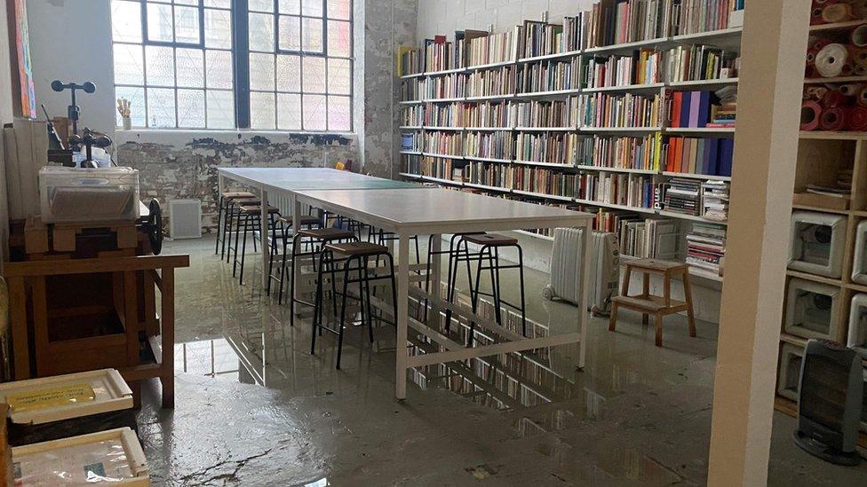 London Centre for Book Arts was flooded causing damage to books and shelves