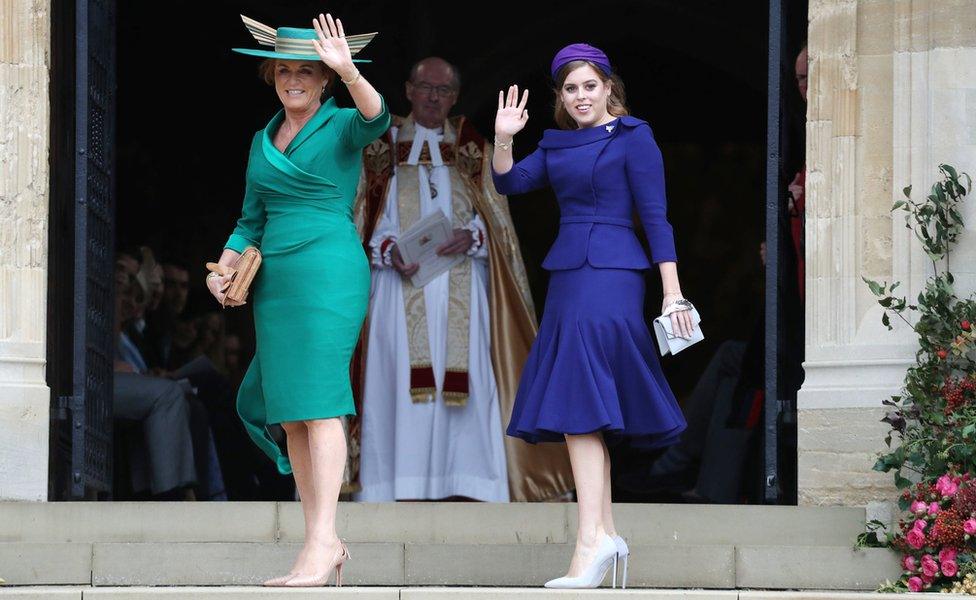 Sarah Ferguson and Princess Beatrice arrives for the wedding of Princess Eugenie to Jack Brooksbank at St George"s Chapel in Windsor Castle