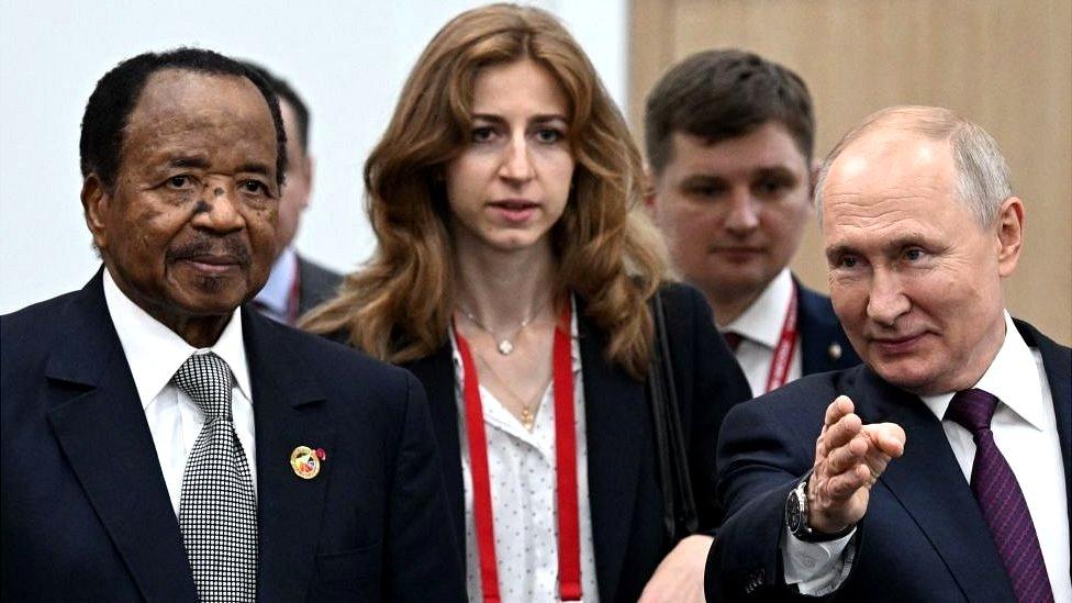 Russian President Vladimir Putin with Cameroon President Paul Biya at the second Russia-Africa summit in St Petersburg, 28 July 2023