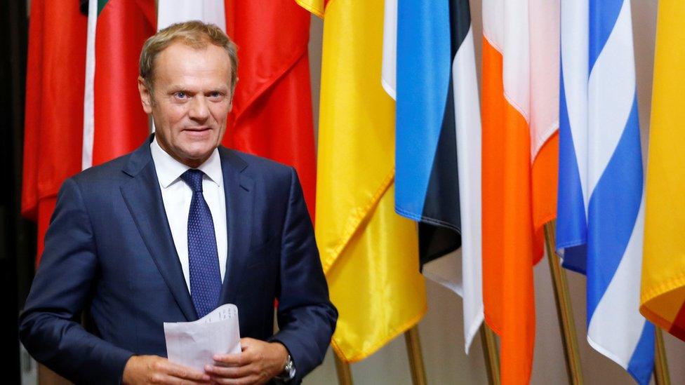 EU Council President Tusk arrives to brief the media after Brexit