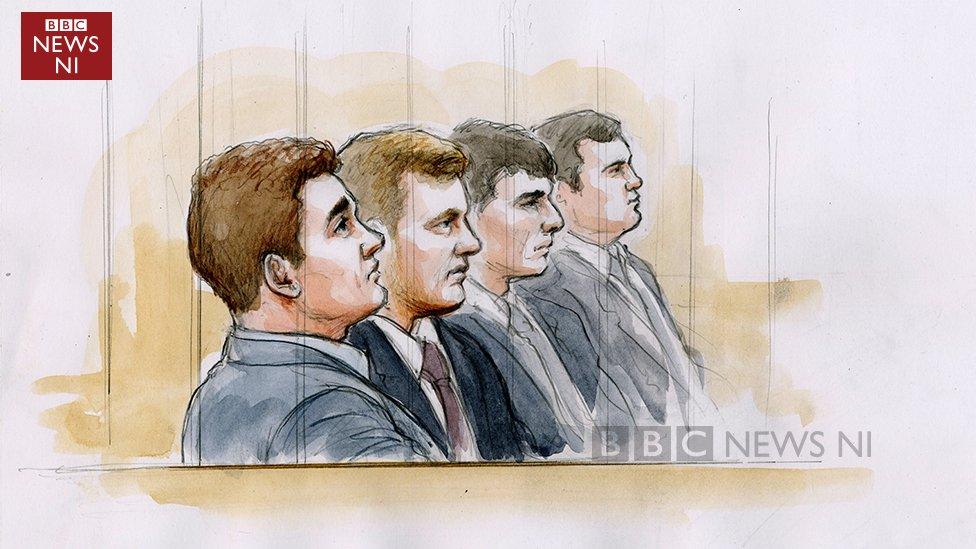 Court sketch of (L-R) Paddy Jackson, Stuart Olding, Rory Harrison, Blane McIlroy, Rory Harrison