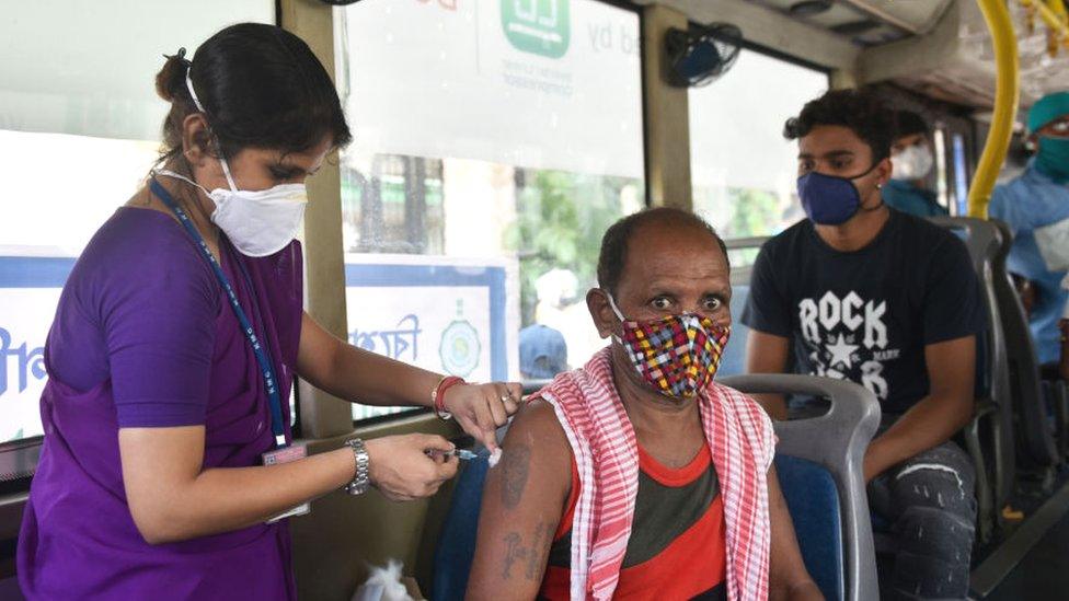 A vaccination centre on a bus in Kolkata