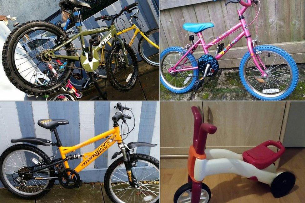 Assortment of children's bikes recycled by Mike Jones