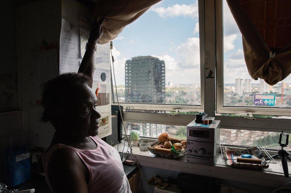 Florence in her flat opposite Grenfell Tower