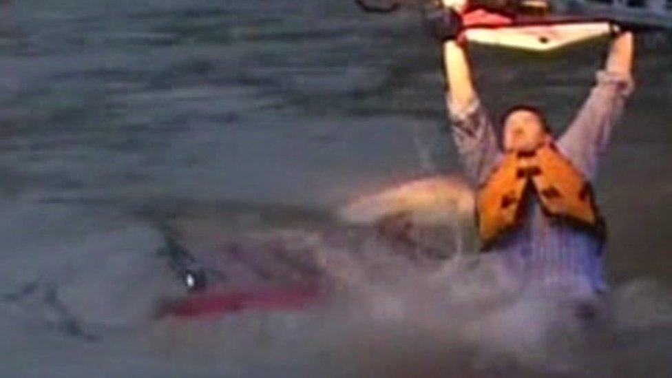 Driver hangs onto ladder after car was submerged by flood waters in San Antonio, Texas