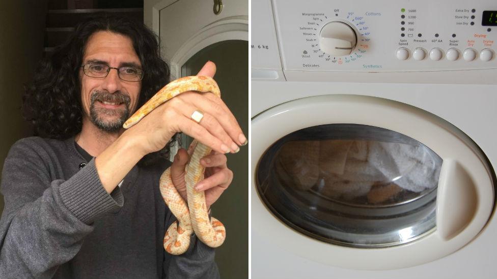 Colin Millar with snake and a washing machine