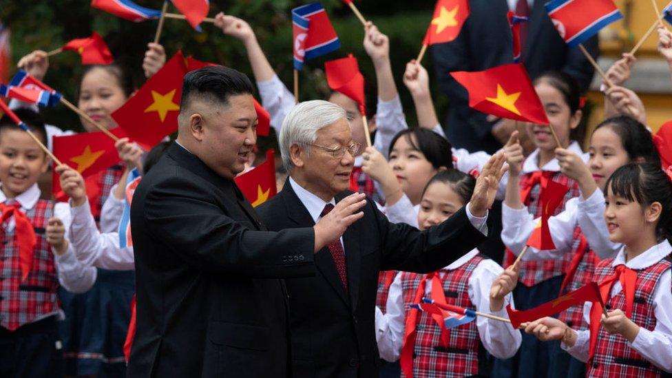 Nguyen Phu Trong during the welcome ceremony for the North Korean leader, Kim Jong-un