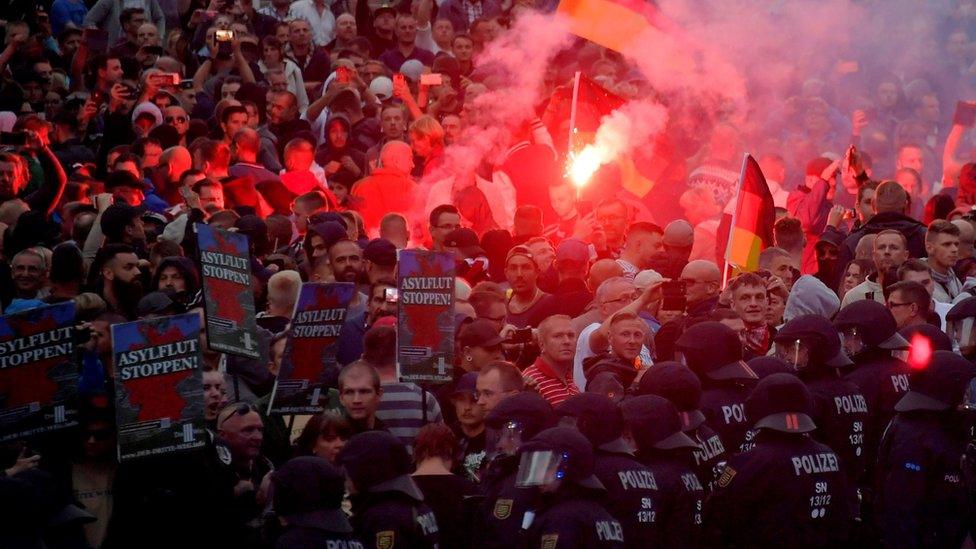 Big crowds and flares during far-right protests in Chemnitz, Germany, August 2018