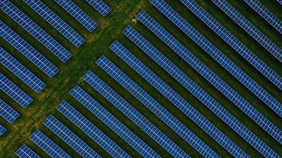 Aerial view of solar panel farm