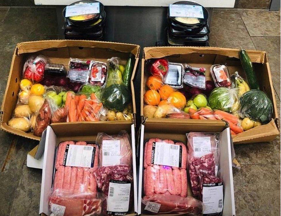 Meat, fruit and vegetables in boxes