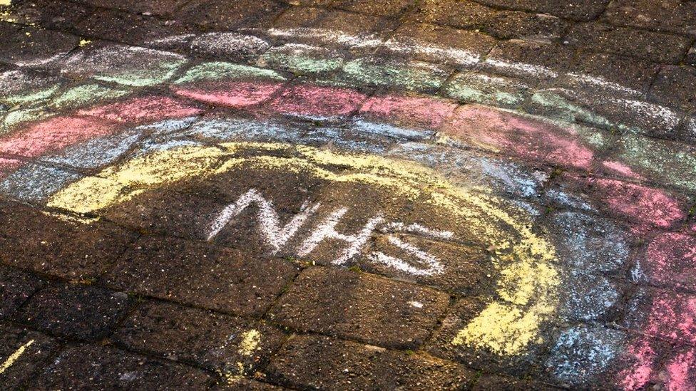 Chalk rainbow over letters NHS