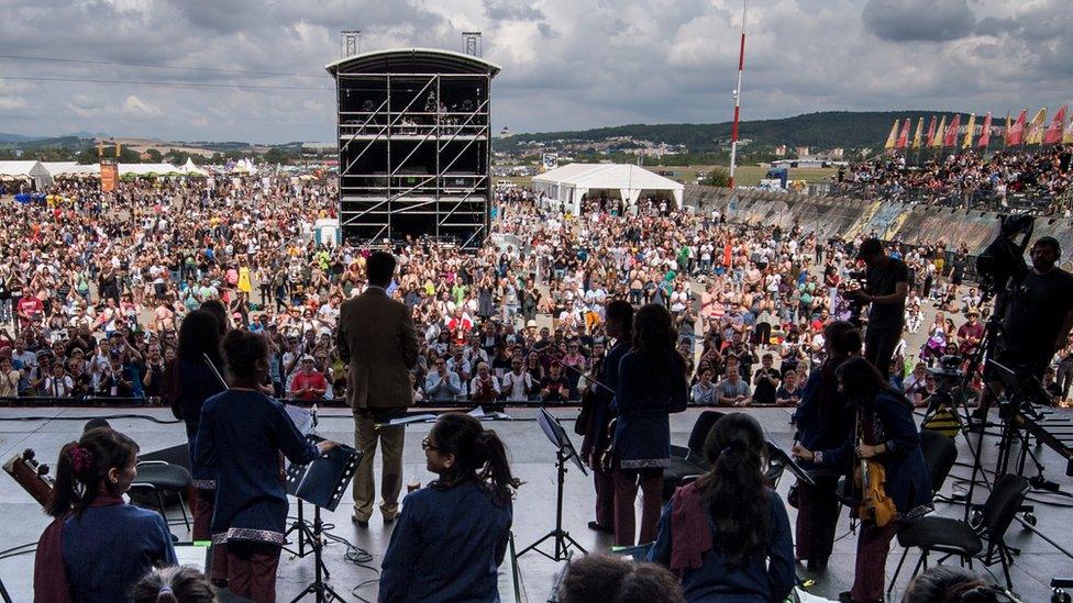 Members of Afghanistan's first all-female orchestra Zohra perform during Pohoda festival in Trencin, Slovakia