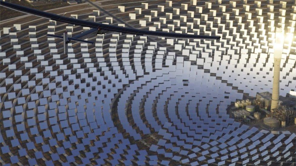 Solar Impulse 2 flying over Gemasolar Thermosolar Plant in Seville, Spain