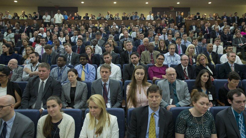 State Department employees listen to US Secretary of State Rex Tillerson deliver an address at the State Department in Washington, DC, USA, 03 May 2017.