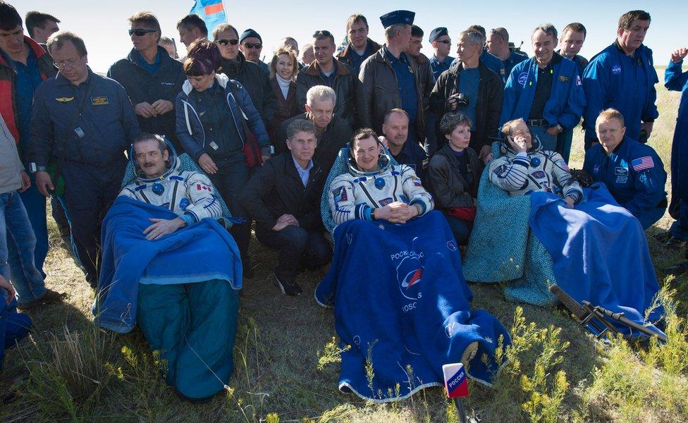 Crew members after return in the Soyuz