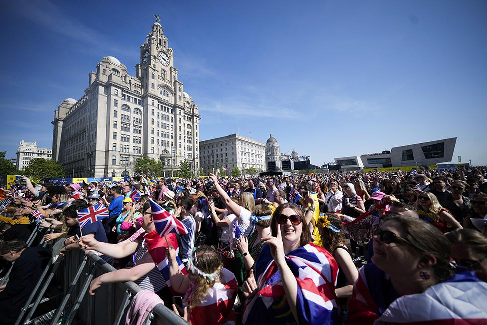 Eurovision fans gather to watch the final on a giant screen in the Eurovision Village