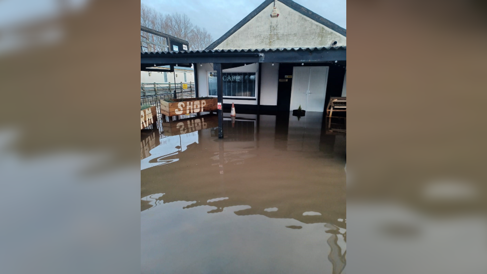 Flood water outside the cafe