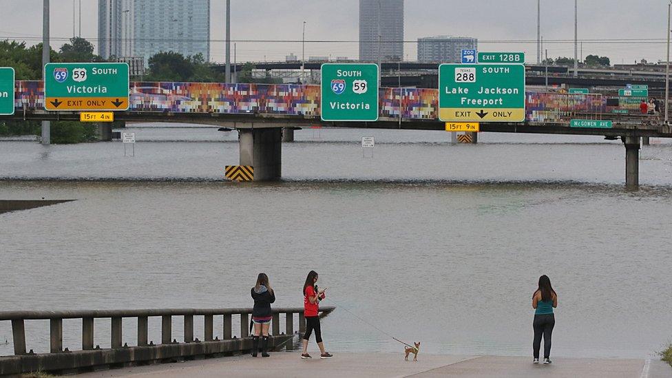 Image shows flood waters on a highway in Houston almost reaching the signs above.