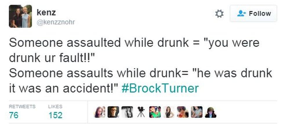 Screen grab from Twitter user Kenz reads: "Someone assaulted while drunk = 'you were drunk, your fault!'; Someone assaults while drunk = 'he was drunk, it was an accident!'"