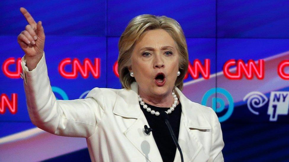 Democratic U.S. presidential candidate Hillary Clinton speaks during a Democratic debate hosted by CNN and New York One at the Brooklyn Navy Yard in New York April 14, 2016.