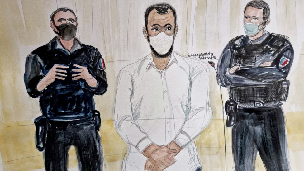 Sketch by Elisabeth de Pourquery of Salah Abdeslam in court