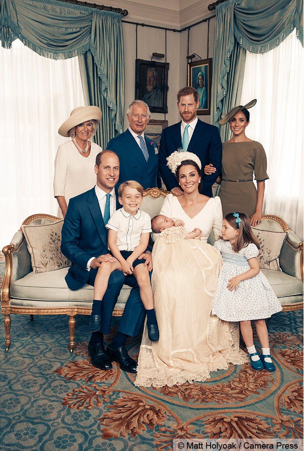 Duchess of Cornwall, Prince Charles, Prince Harry, Meghan Markles, Prince William, Prince George, Prince Louis, Duchess of Cambridge and Princess Charlotte