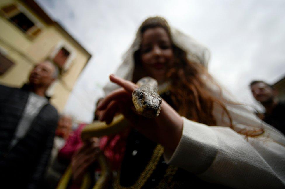 A faithful in traditional clothing carries a snake to place on the statue of Saint Domenico during an annual procession in the streets of Cocullo