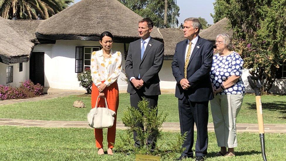 Foreign Secretary Jeremy Hunt (centre left) and his wife Lucia (left) during a tree planting ceremony at the British embassy in Ethiopia.