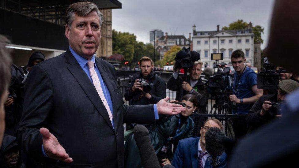 Sir Graham Brady speaks to the press following the resignation of Liz Truss as prime minister in October 2022